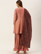 HERE&NOW Women Pink & Coffee Brown Printed Cotton Kurti with Sharara & With Dupatta | Grocsy