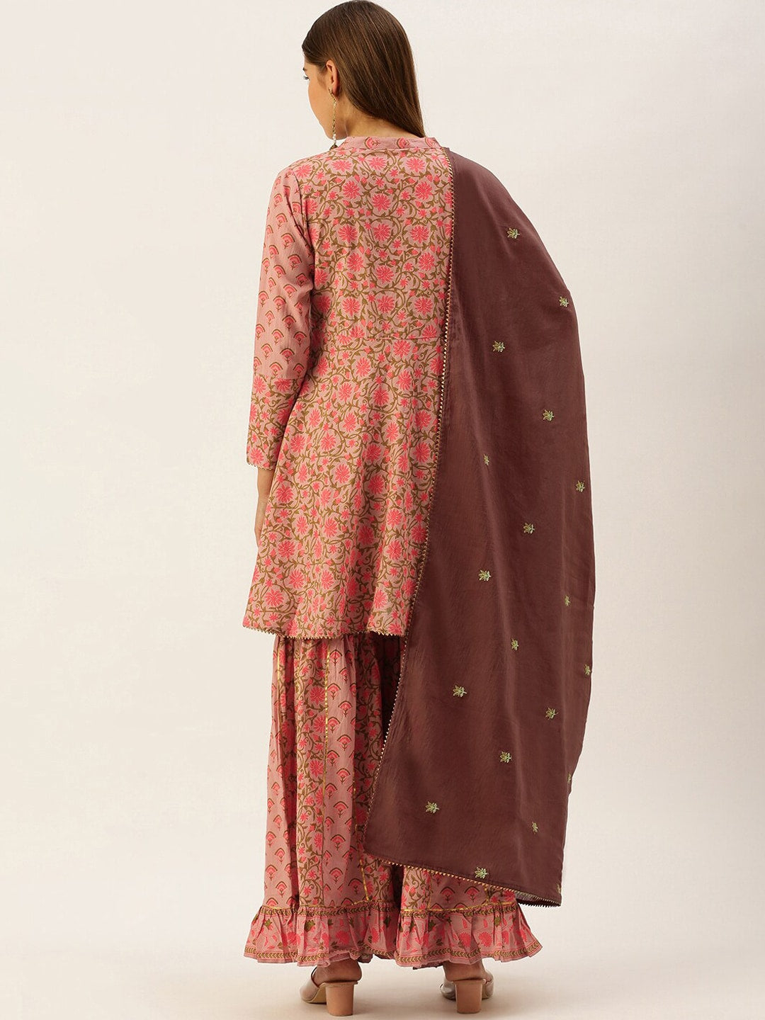 HERE&NOW Women Pink & Coffee Brown Printed Cotton Kurti with Sharara & With Dupatta | Grocsy