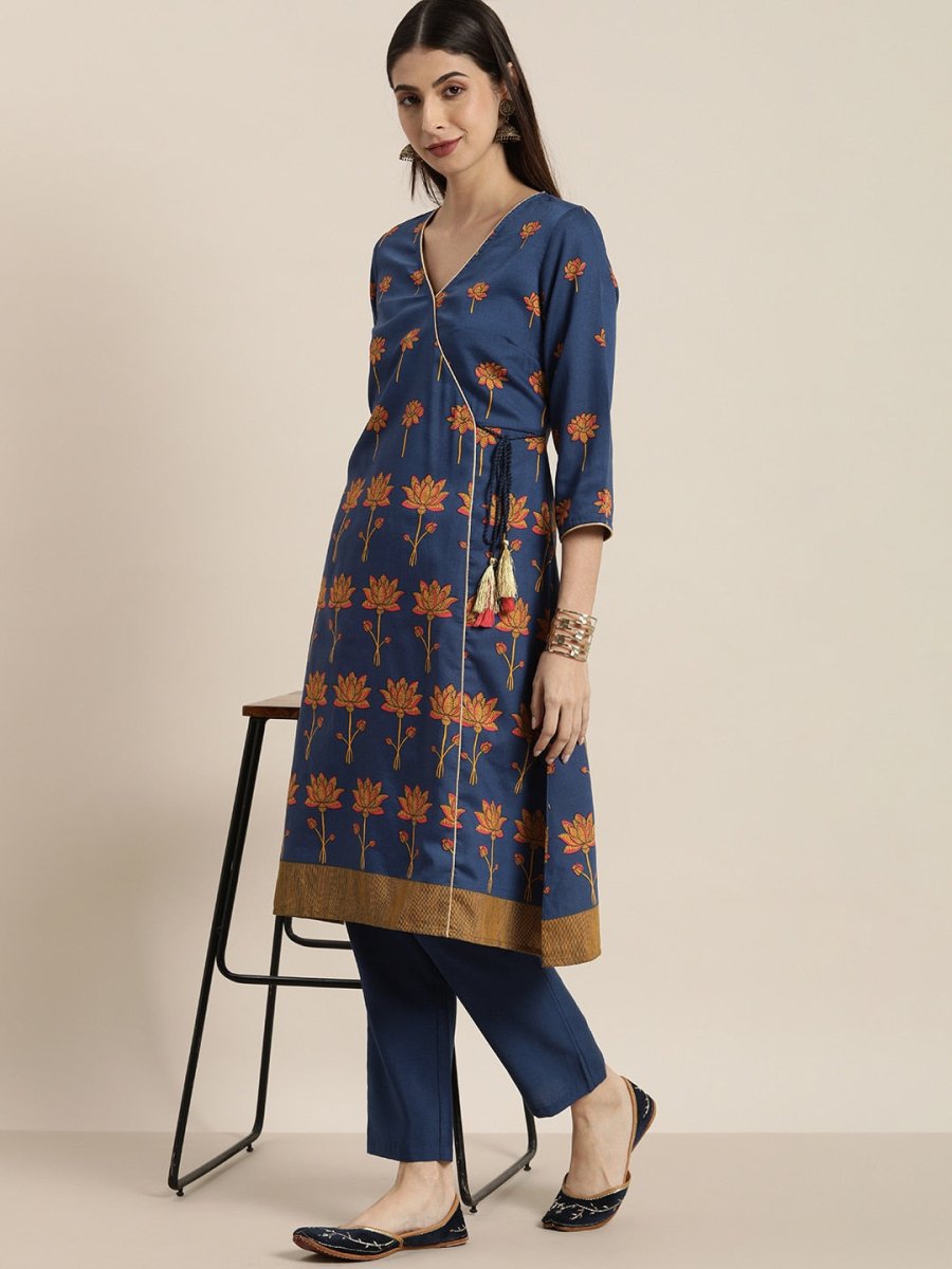 All About You Women Blue Floral Printed Angrakha Kurta with Trousers | Grocsy