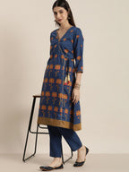 All About You Women Blue Floral Printed Angrakha Kurta with Trousers | Grocsy
