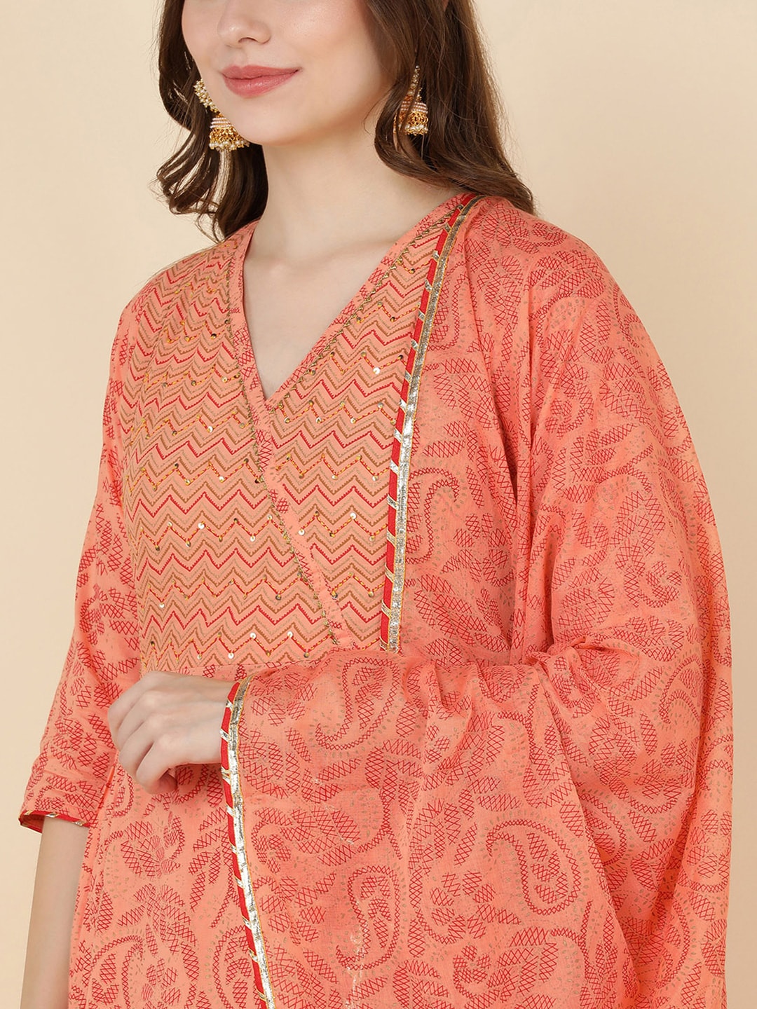 HERE&NOW Women Orange Embroidered Pure Cotton Kurta with Trousers & With Dupatta | Grocsy