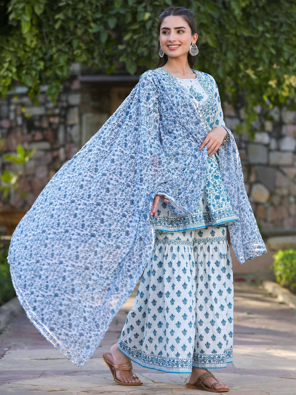 Juniper Women's Blue Cotton Cambric Floral Placement Printed Anarkali Kurta Sharara & Dupatta Set | Grocsy