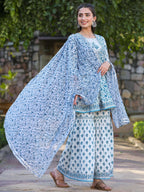 Juniper Women's Blue Cotton Cambric Floral Placement Printed Anarkali Kurta Sharara & Dupatta Set | Grocsy
