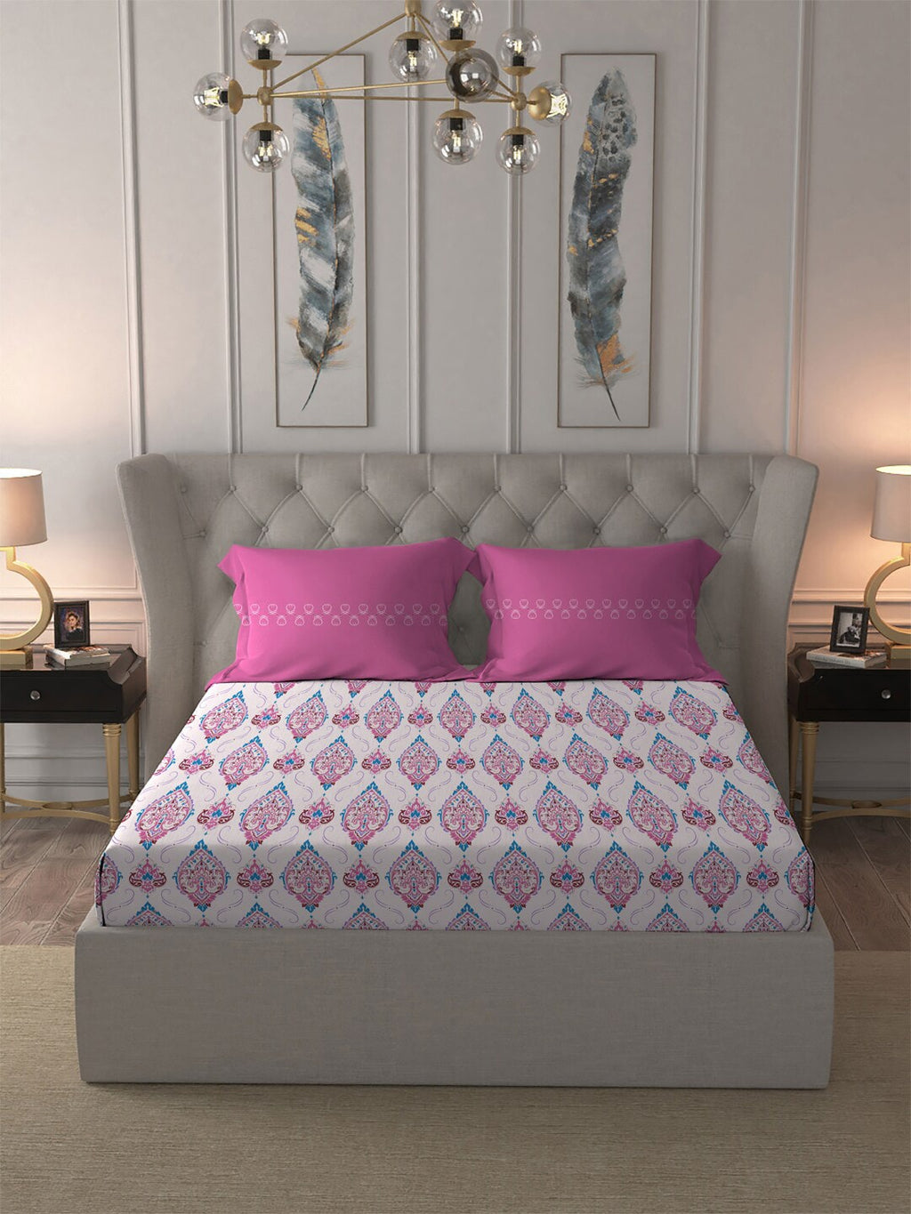 MYTRIDENT Moments Pink White Ethnic Pure Cotton 120 TC Queen Bedsheet Pillow Covers | Grocsy