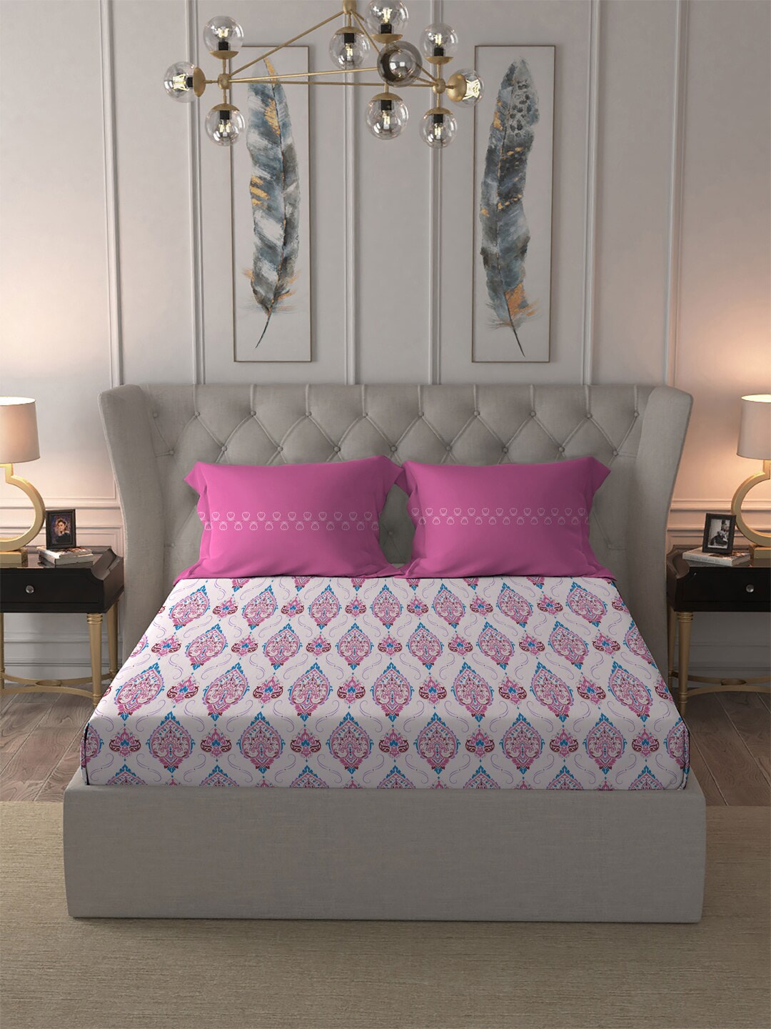 MYTRIDENT Moments Pink White Ethnic Pure Cotton 120 TC Queen Bedsheet Pillow Covers | Grocsy