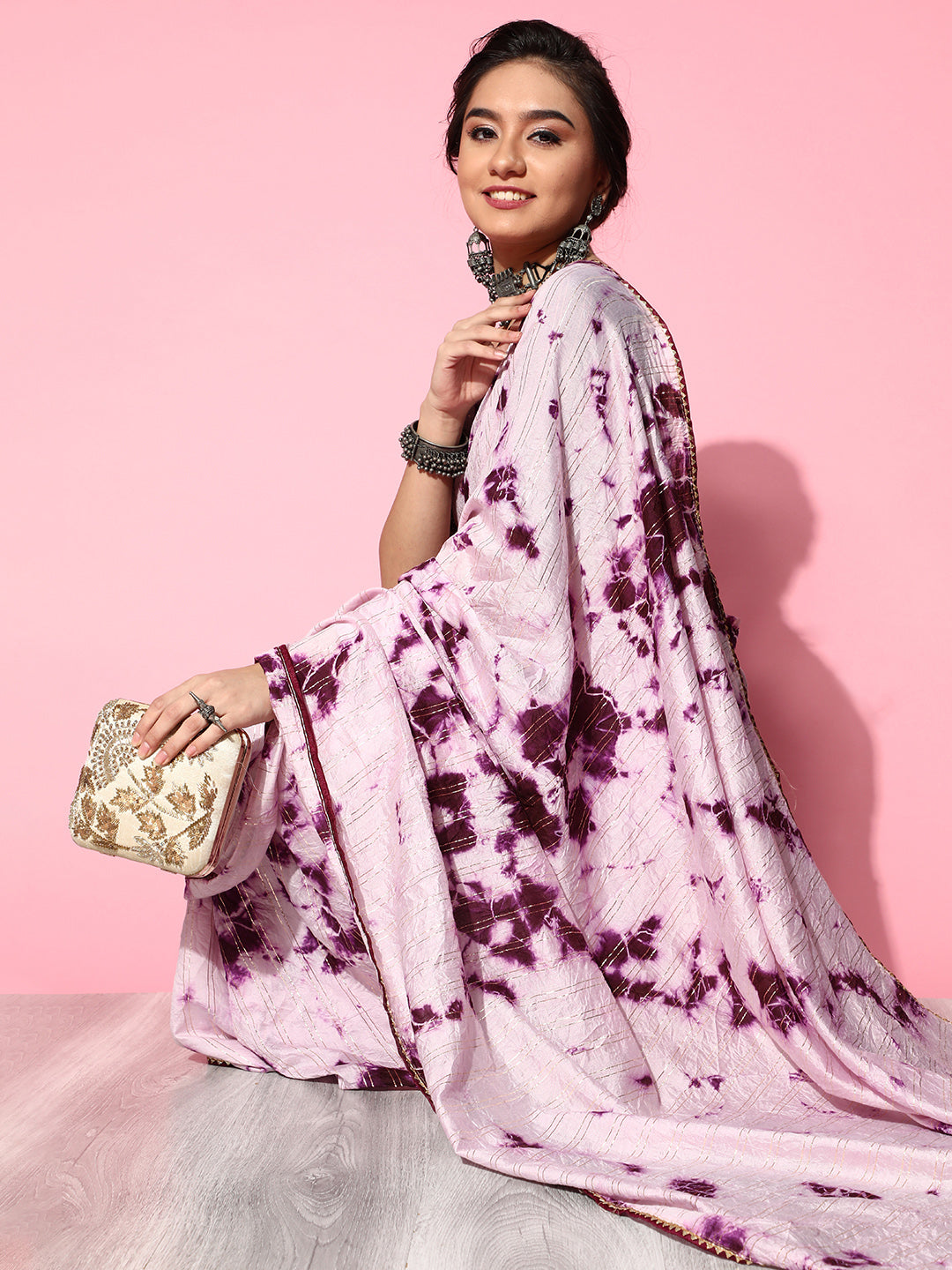 Saree Mall Purple & White Tie and Dye Silk Blend Saree with Unstitched Blouse Piece | Grocsy