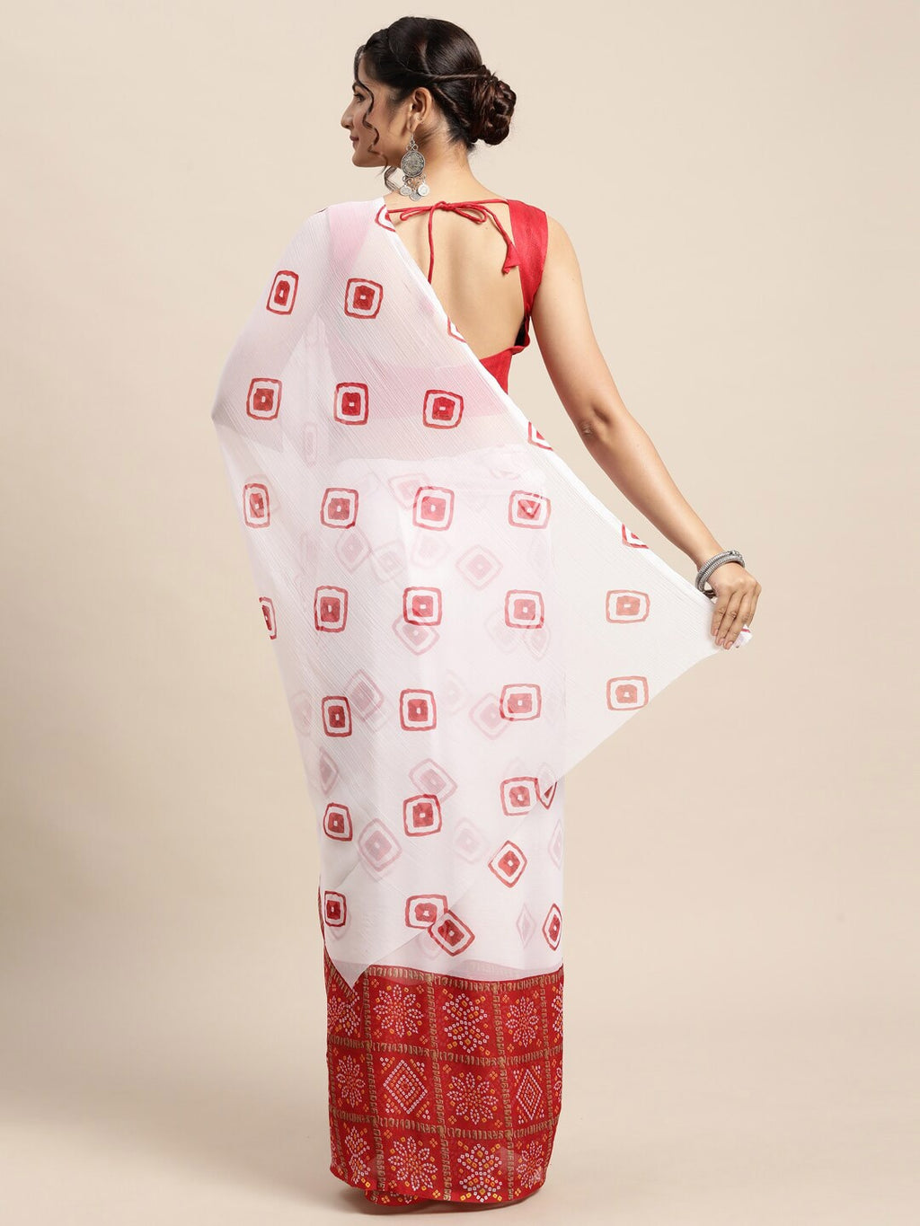 Saree Mall Women White & Red Bandhani Printed Poly Chiffon Sarees | Grocsy