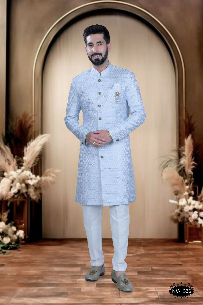 Joban Fashion Men's Blue & White Cotton Silk Kurta with Pyjama | Grocsy
