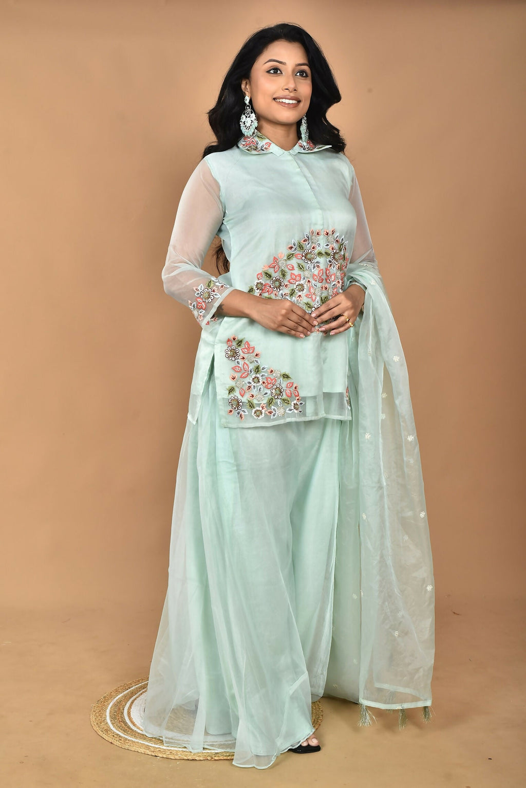 Morchari Women And Hand Embroidery Palazzo Set-Sea Green | Grocsy