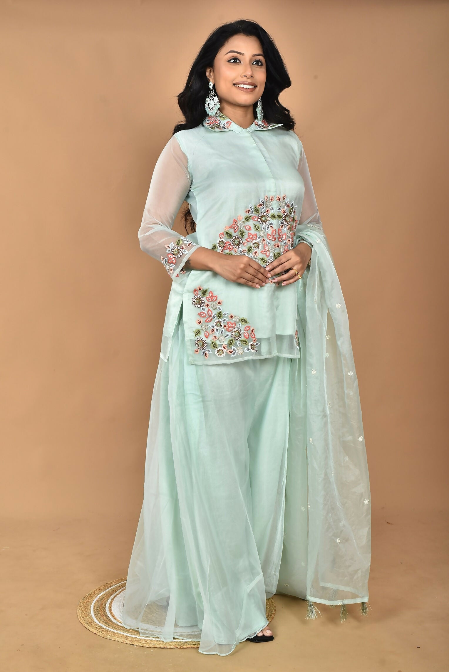 Morchari Women And Hand Embroidery Palazzo Set-Sea Green | Grocsy