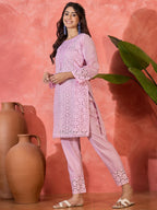 Joban Fashion Embroidery Pink Pure Cotton Cord Set | Grocsy