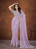 Lavendar Crepe Satin Silk Embroidered Saree with stitched Blouse - Mohmanthan Saha Saki | Grocsy