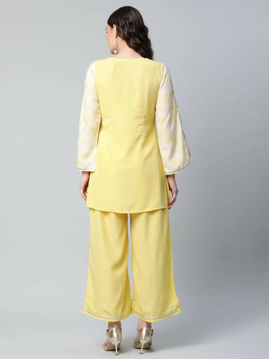 Ahalyaa Womens Yellow Crepe Printed Top Palazzo Set | Grocsy