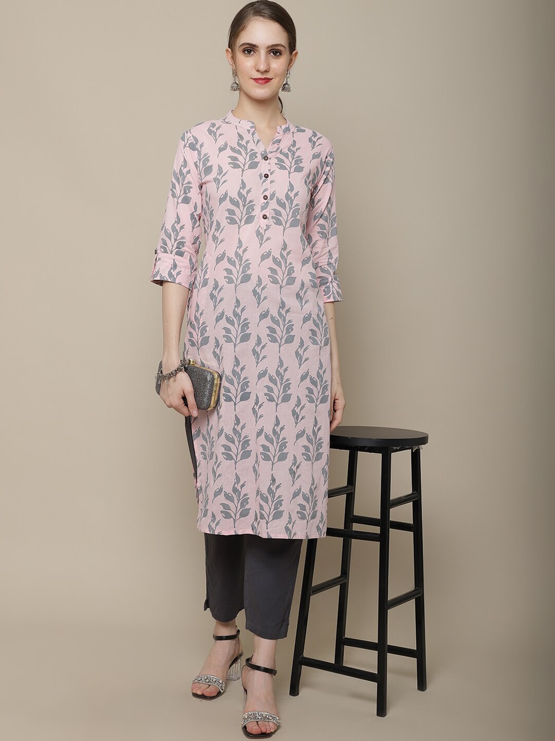 Sangria Women Pink & Grey Floral Printed Kurta | Grocsy