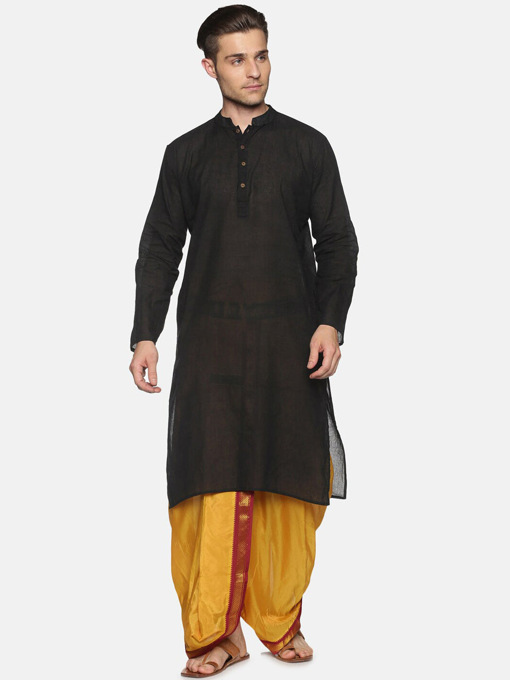 Sethukrishna Men Mustard-Yellow & Red Solid Readymade Dhoti | Grocsy