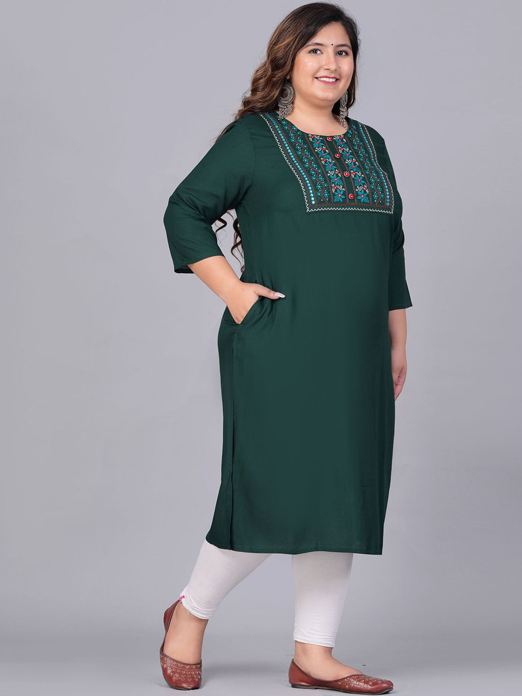 Sztori Plus Size Embroidered Yoke Design Round Neck Three-Quarter Sleeves Straight Kurta | Grocsy