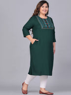 Sztori Plus Size Embroidered Yoke Design Round Neck Three-Quarter Sleeves Straight Kurta | Grocsy