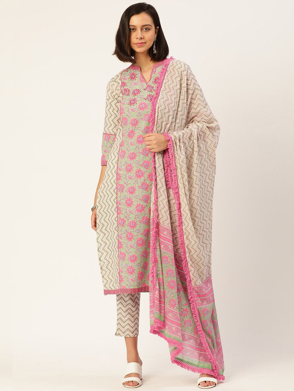 HERE&NOW Women Beige Floral Printed Kurta with Trousers & With Dupatta | Grocsy