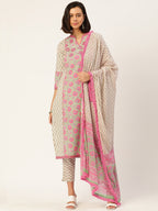 HERE&NOW Women Beige Floral Printed Kurta with Trousers & With Dupatta | Grocsy