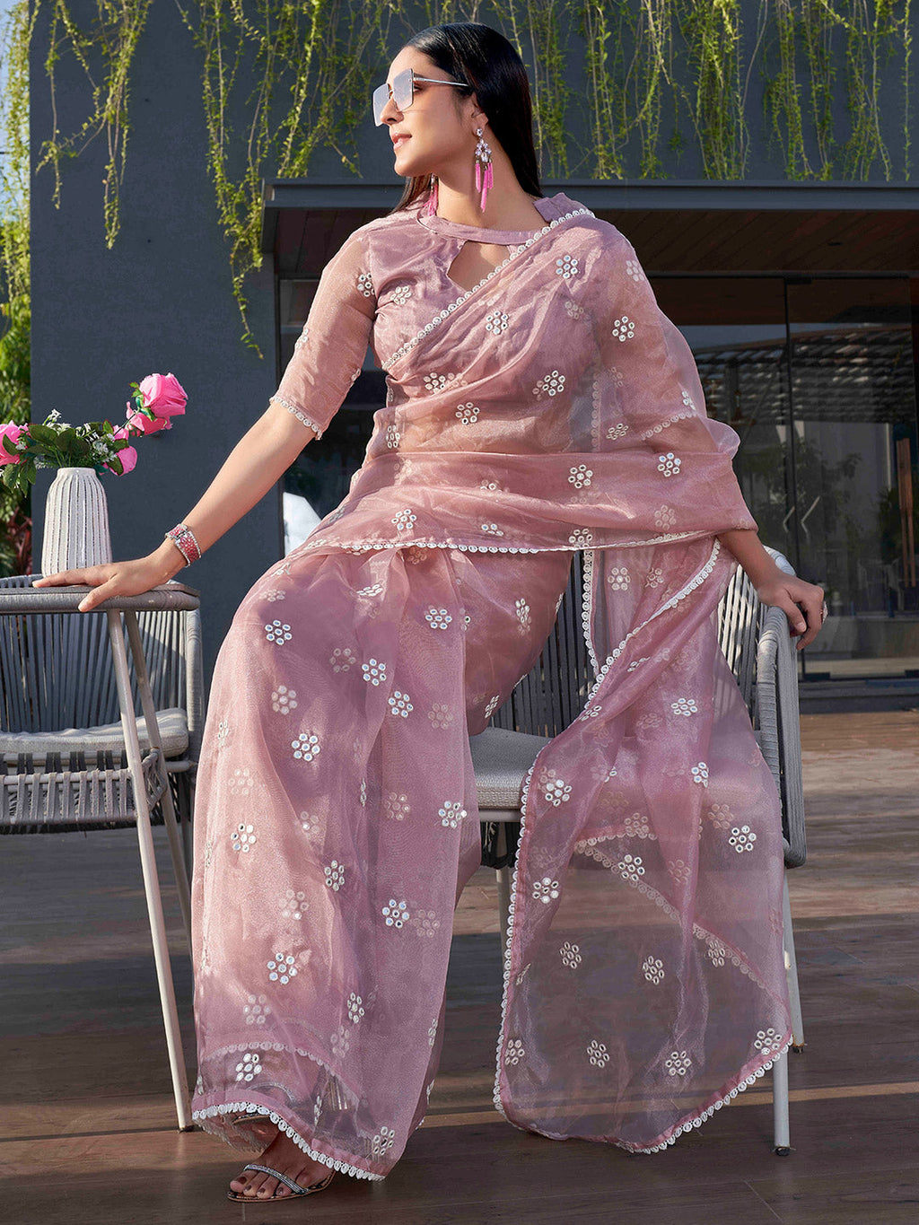 Tikhi Imli Pink Floral Embroidered Mirror Work Organza Saree | Grocsy