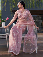 Tikhi Imli Pink Floral Embroidered Mirror Work Organza Saree | Grocsy