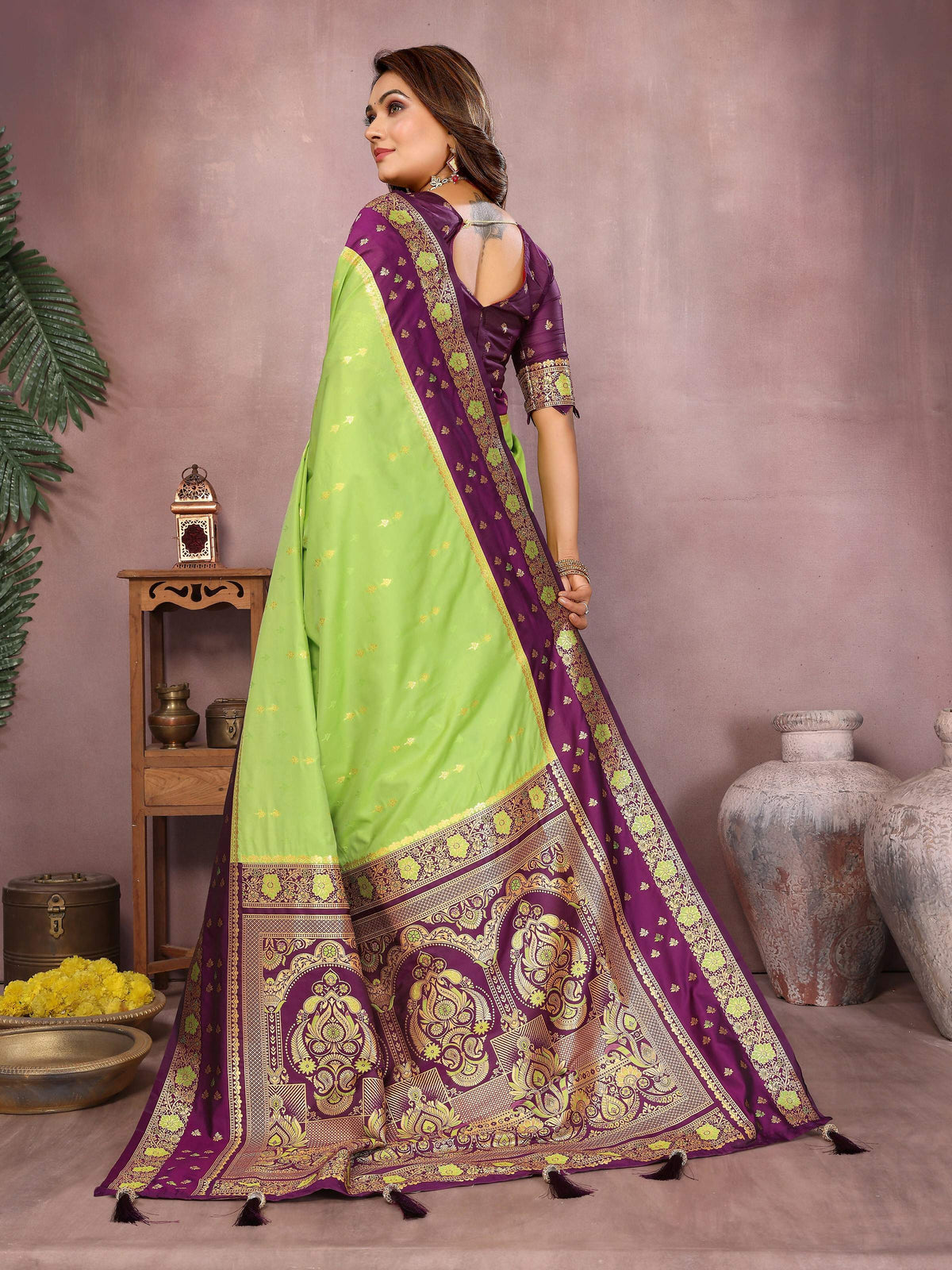 Aastha Fashion Parrot Green Kalamkari Silk Zari Woven Saree | Grocsy