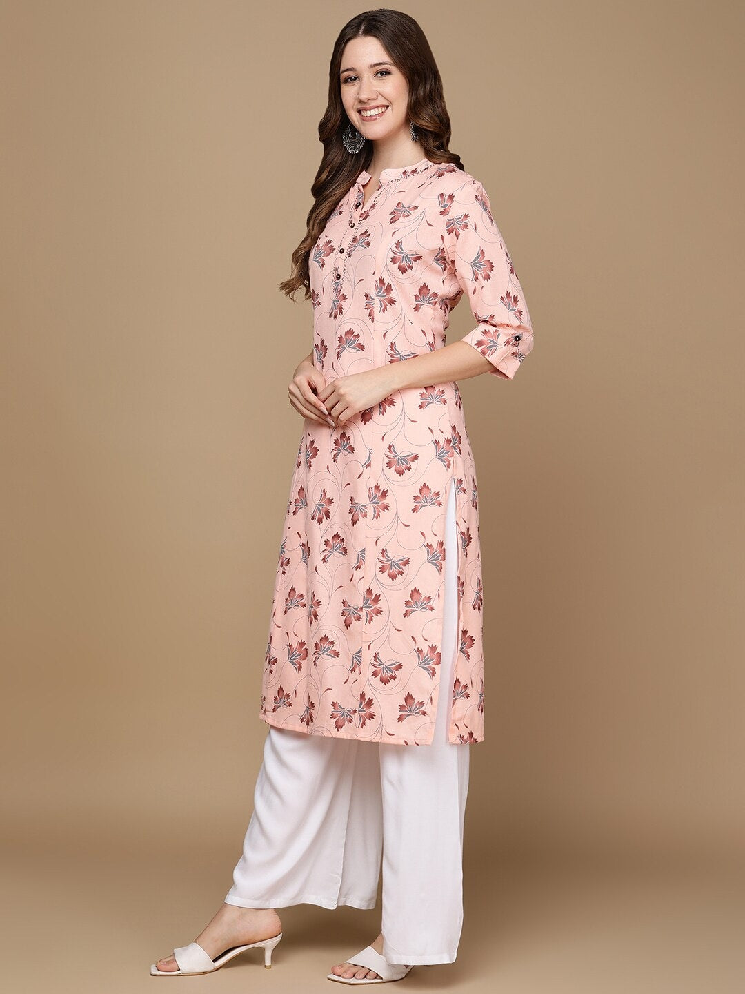 HERE&NOW Pink & Maroon Floral Printed Pure Cotton Kurta | Grocsy