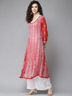 ADA Women Red & White Ethnic Motifs Embroidered Chikankari Georgette Kurta | Grocsy