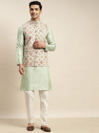 Sojanya Men Green Ethnic Motifs Woven Design Kurta & Churidar Comes With a Nehru Jacket | Grocsy