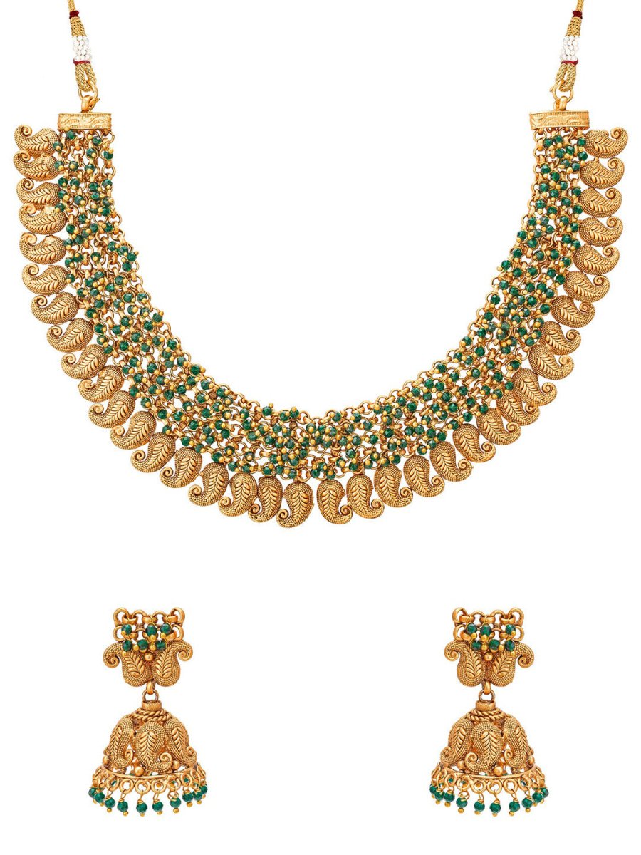 Aadita Gold-Polished Green Pearls Beaded Choker Jewellery Set | Grocsy