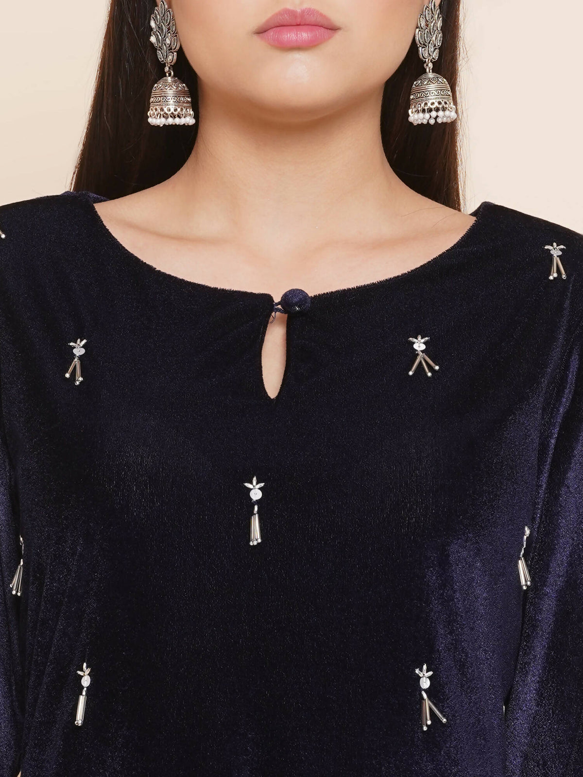 Women Republic Navy Blue Velvet Assymetrical Hand Embellished Kurta With Pants | Grocsy