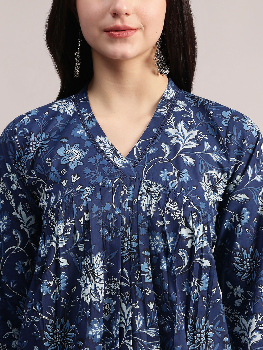 Aavyora Women's Navy Blue Floral Printed Cotton A-Line Kurta with Pintuck Detailing | Grocsy