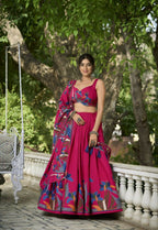 Vastranavya Polyester Viscose Chanderi Lehenga Choli With Intricate Print And Dupatta - Pink | Grocsy