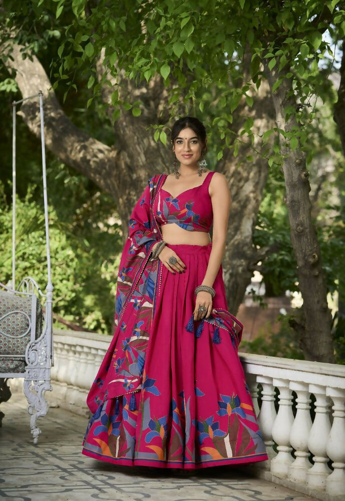Vastranavya Polyester Viscose Chanderi Lehenga Choli With Intricate Print And Dupatta - Pink | Grocsy