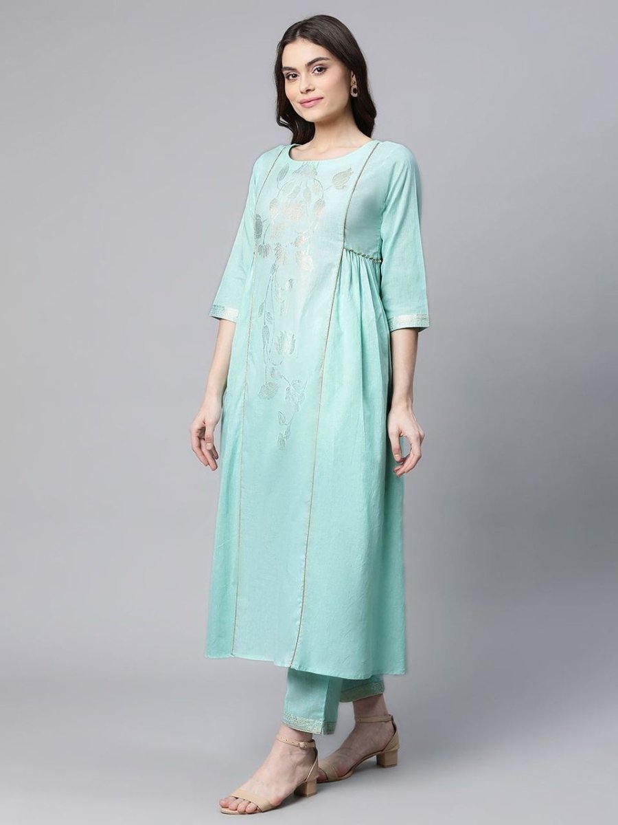 Ahalyaa Women Sea Green Colour Pure Cotton Gold Foil Print Kurta Pant Set | Grocsy