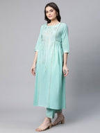 Ahalyaa Women Sea Green Colour Pure Cotton Gold Foil Print Kurta Pant Set | Grocsy