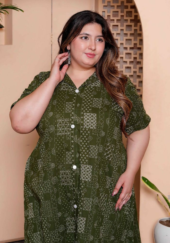 Miravan Womens Plus Size Pure Cotton Floral Printed Green Button Down A-Line Midi Dress | Grocsy