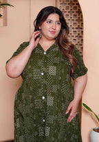 Miravan Womens Plus Size Pure Cotton Floral Printed Green Button Down A-Line Midi Dress | Grocsy