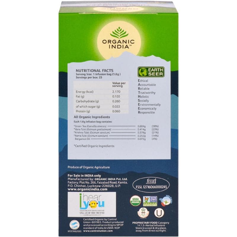 Organic India Tulsi Green Tea Earl Grey 25 Tea Bags | Grocsy