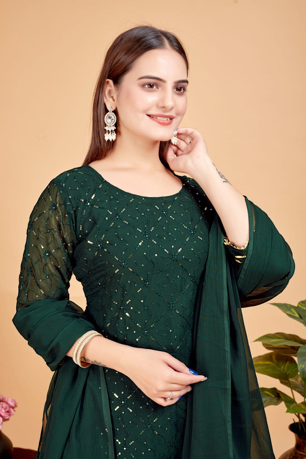 Women's A-Line Green Kurta and Sharara With Dupatta Set - A2M | Grocsy
