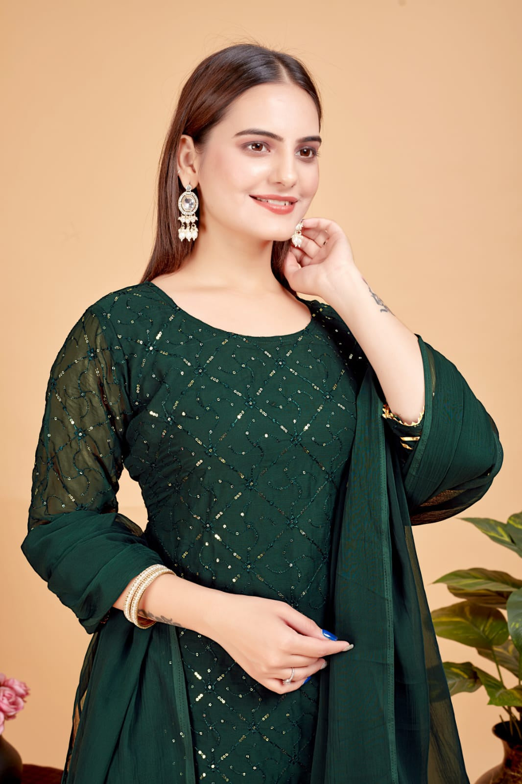Women's A-Line Green Kurta and Sharara With Dupatta Set - A2M | Grocsy