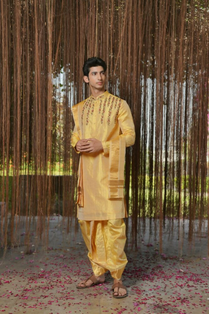 Gold Machine Kanjivaram Embroidered Pattu Set by Hilo Design | Grocsy