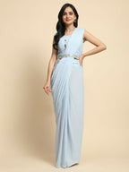 Blue Chiffon Solid Ready to wear Saree with stitched Blouse - Aayan | Grocsy