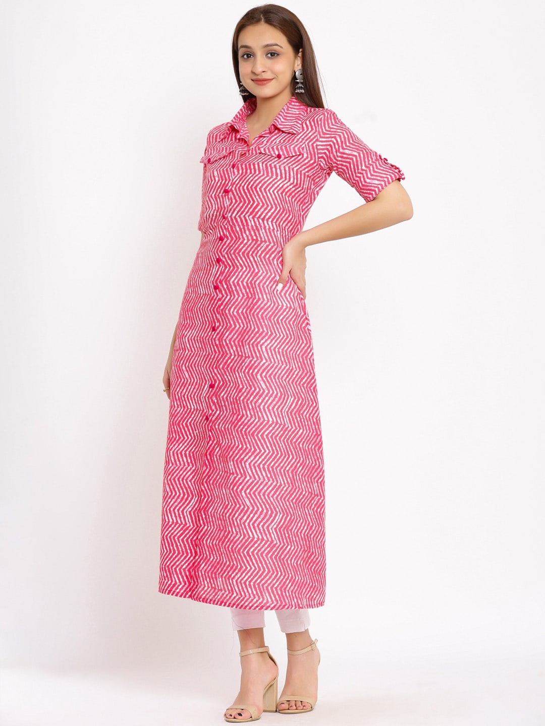 HERE&NOW Pink Shirt Collar Chevron Printed Roll Up Sleeves A-Line Kurta | Grocsy