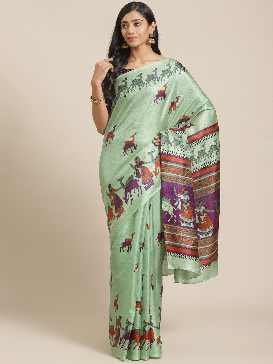 Saree Mall Green & Purple Ethnic Motifs Print Bhagalpuri Saree | Grocsy