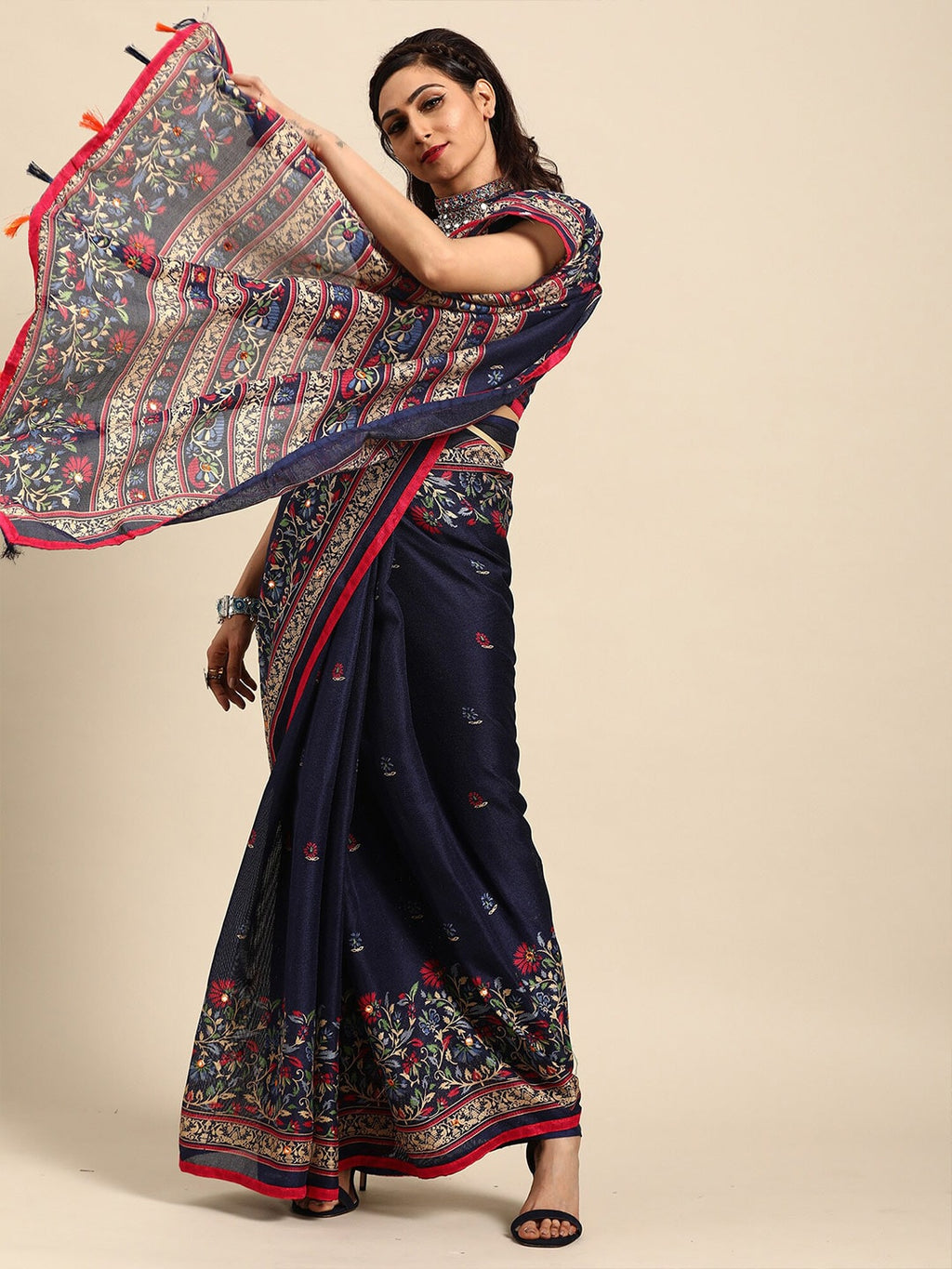 Saree Mall Navy Blue & Red Floral Jute Silk Block Print Sarees | Grocsy