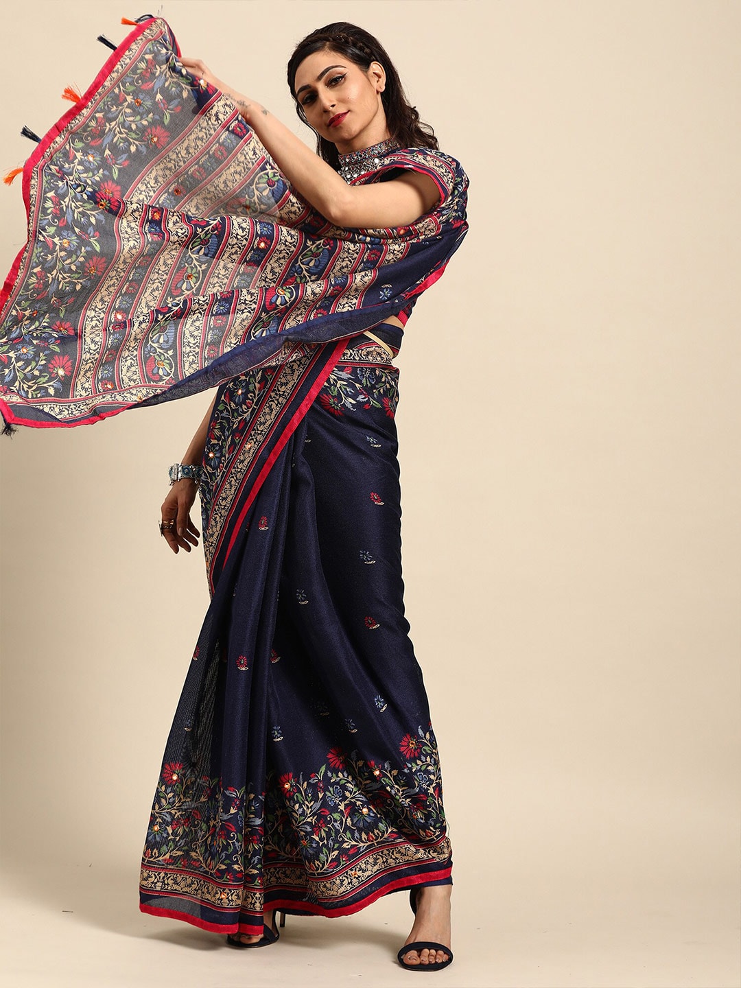 Saree Mall Navy Blue & Red Floral Jute Silk Block Print Sarees | Grocsy