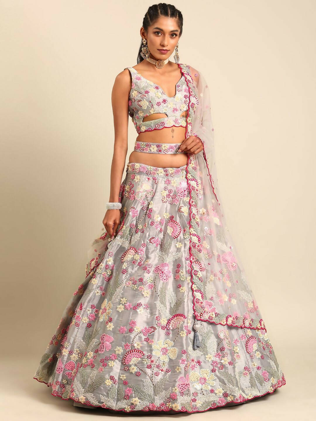 House of Panchhi Grey Organza Sequins and Zarkan embroidery Lehenga choli & Dupatta | Grocsy