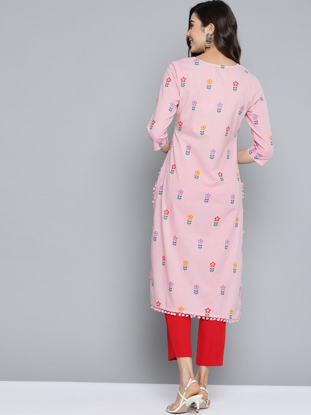HERE&NOW Women Pink & Purple Floral Print Pure Cotton Straight Kurta | Grocsy