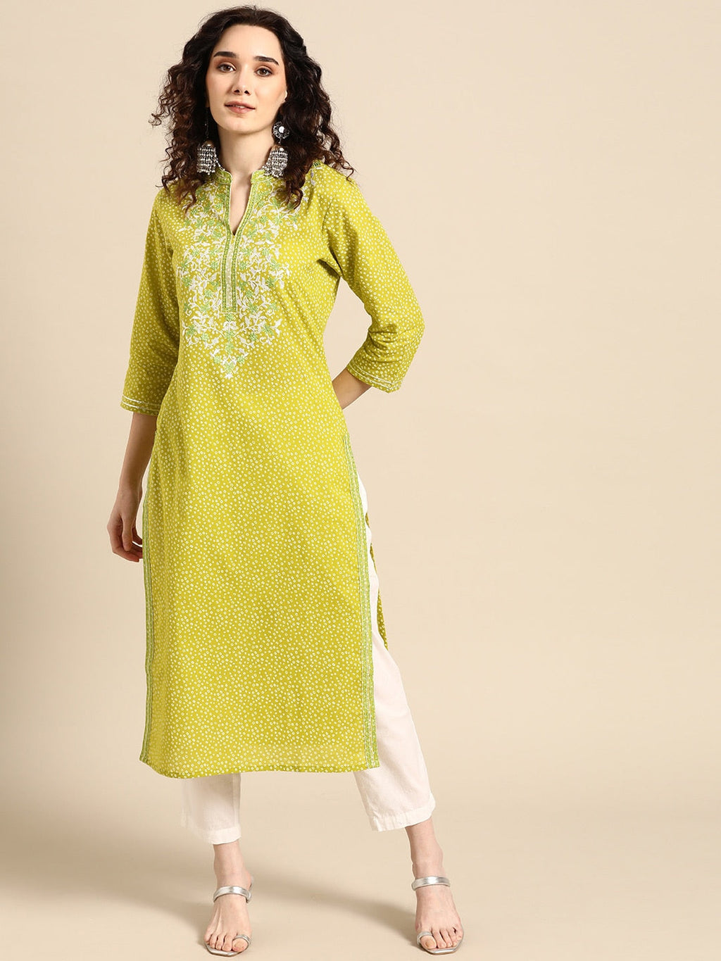 Sangria Women Lime Green Floral Embroidered Thread Work Pastels Kurta | Grocsy